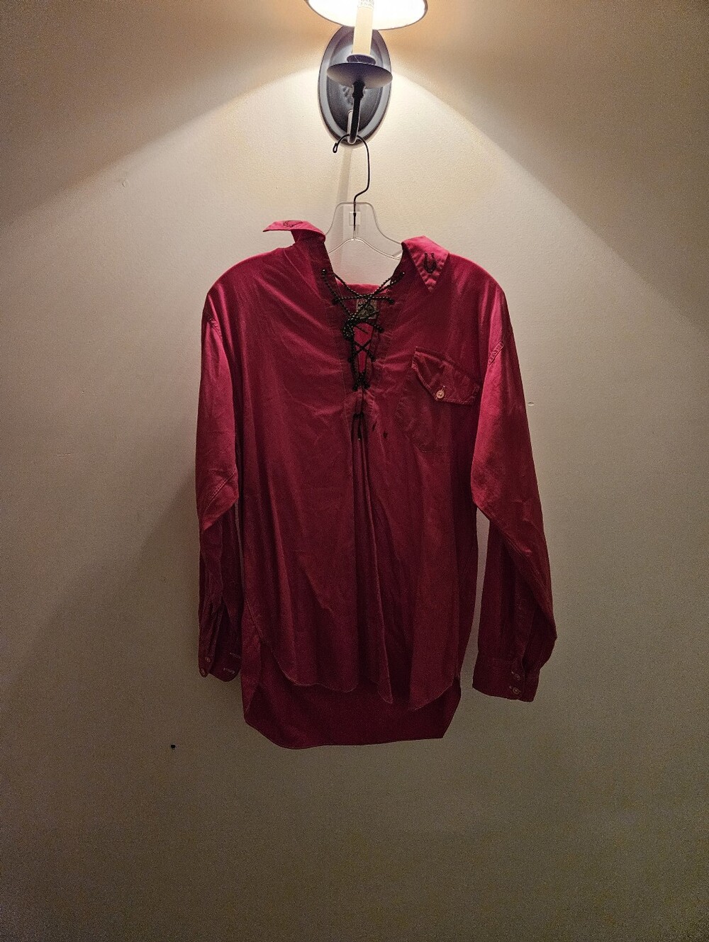 Red Lace-Up V-Neck Long Sleeve Shirt